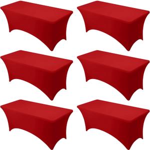6-Pack Premium Red Spandex Tablecloths for 6ft Rectangle Tables, Stain & Wrinkle-Resistant, Washable Stretch Polyester Fitted Table Cover for Weddings, Banquets, Trade Shows Events