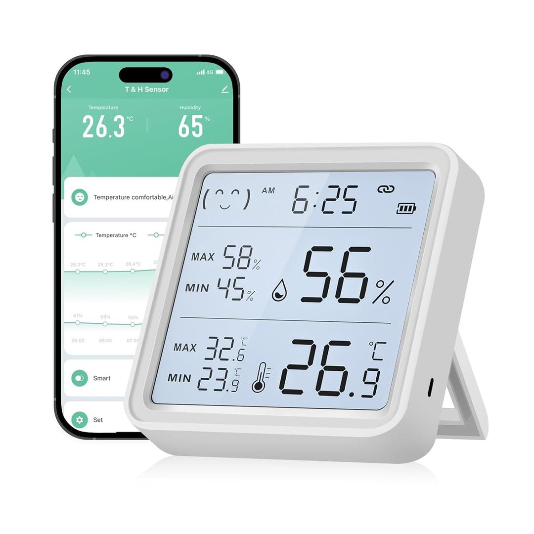 eMylo WiFi Thermometer Hygrometer, Wireless Indoor Humidity Monitor for Room, Smart Temperature Sensor with App Control, Large LCD Display with Light, Notification Alerts, Free Data Storage Export