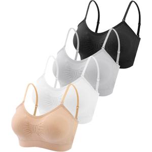 Omisy 4 Pieces V Neck Padded Bralette Cami Bra Wireless Tank Top Sports Bra with Adjustable Straps (Large, Black, White, Nude, Grey)