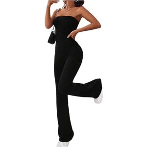 SOLY HUX Women's Strapless Sleeveless Tube Jumpsuit Summer Flare Leg Long Pants (Medium, Plain Black)