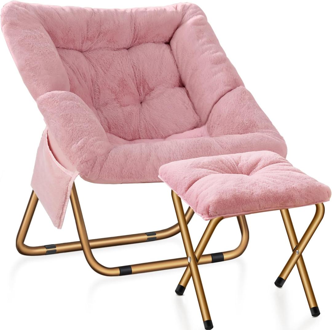 Comfy Saucer Chair, Foldable Living Room Chairs, Soft Faux Fur Lounge Chair for Bedroom, Reading Chairs for Adults, Kids, Size X-Large (Pink)