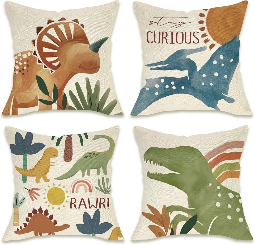 Fahrendom Boho Dinosaur Rawr Decorative Throw Pillow Covers 18 x 18 Set of 4, Bohemian Dino Stay Curious Porch Patio Outdoor Pillowcase, Sun Rainbow Plant Sofa Couch Cushion Case Home Decor