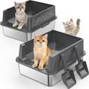 2PACK Stainless Steel Cat Litter Box with Lid, High-Sided Metal Litter Pan for Small Cats, Kitty Litter Box, Non-Stick & Odor-Resistant, Anti-Urine Leakage, Easy to Clean, Scoop Included (Dark Grey)