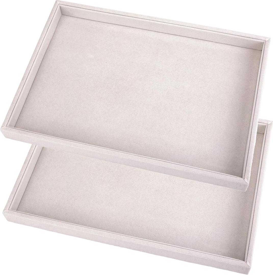 Mornajina 2 Pcs 13.8" x 9.5" Velvet Jewelry Tray Jewelry Display Tray Flat Tray, Stackable Empty Plate Trays for Earrings Necklaces Bracelet Rings Display Showcase - Beige