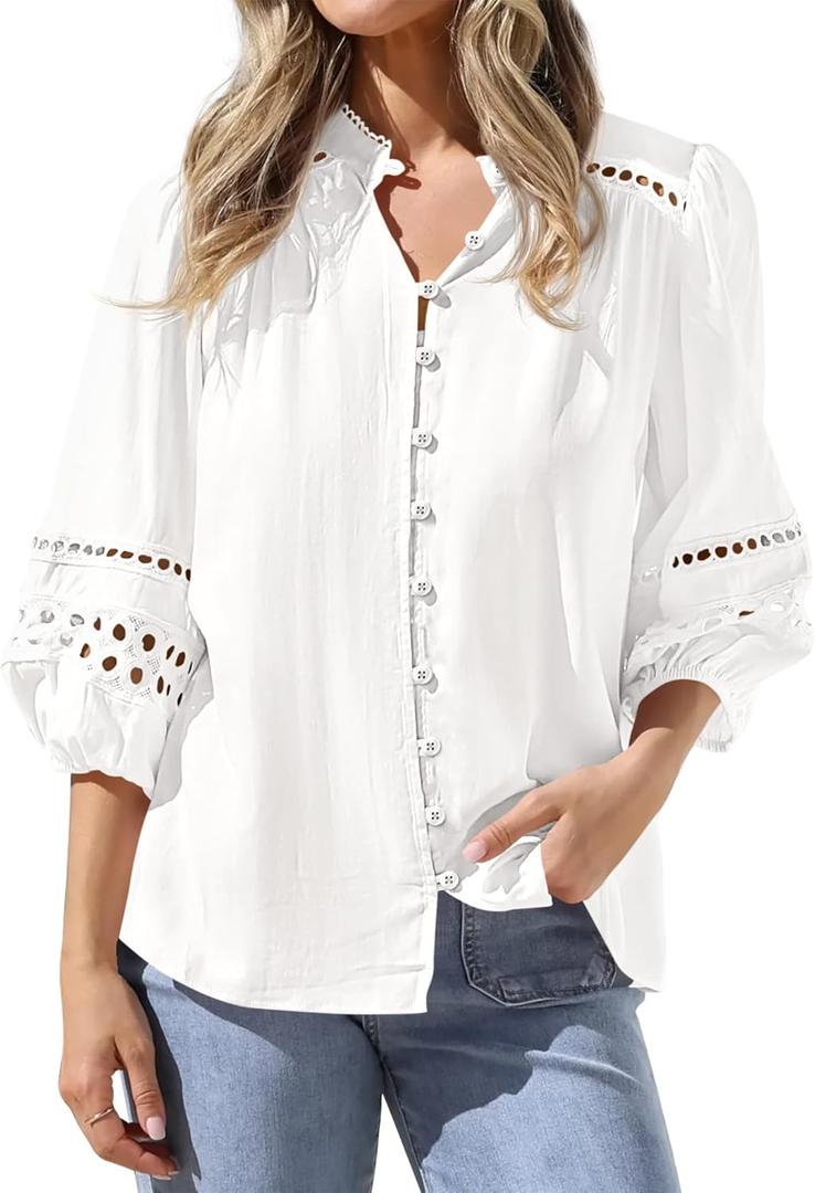 BTFBM Summer Tops for Women 2026 Eyelet Top 3/4 Length Sleeve Dressy Casual Blouses Spring Boho Button Down Shirts S