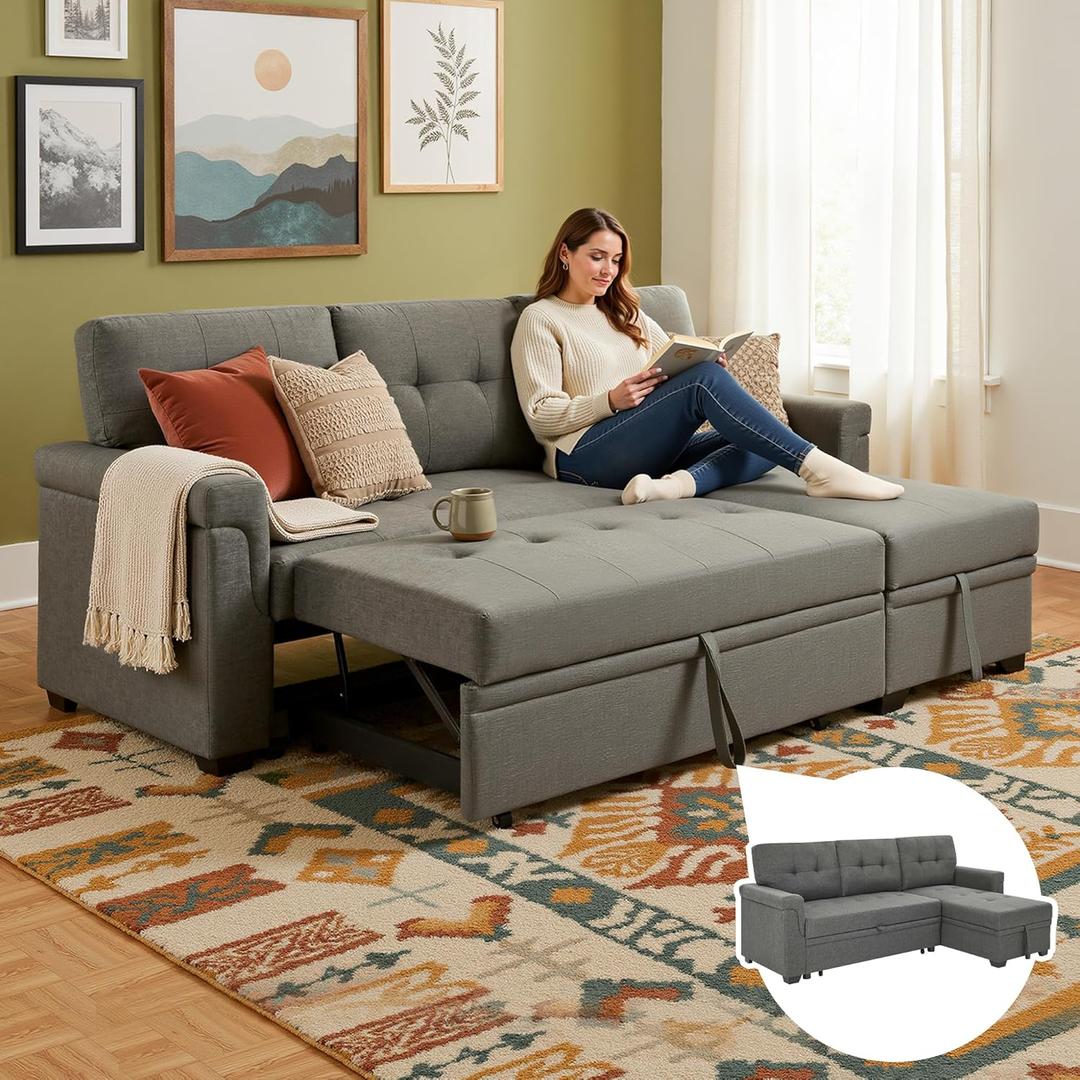 Lyngins L Shaped 3 Seat Sofa Bed with Storage, 86" Sleeper Sofa Couch with Pull Out Chaise Sectional Couch for Apartment, Bedroom, Living Room, Gray (Grey)