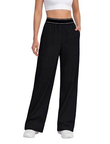 BMJL Womens Track Pants Light Weight Wide Leg Pants Elastic Waist Athletic Running Baggy Pants with Pockets(XL,Black)