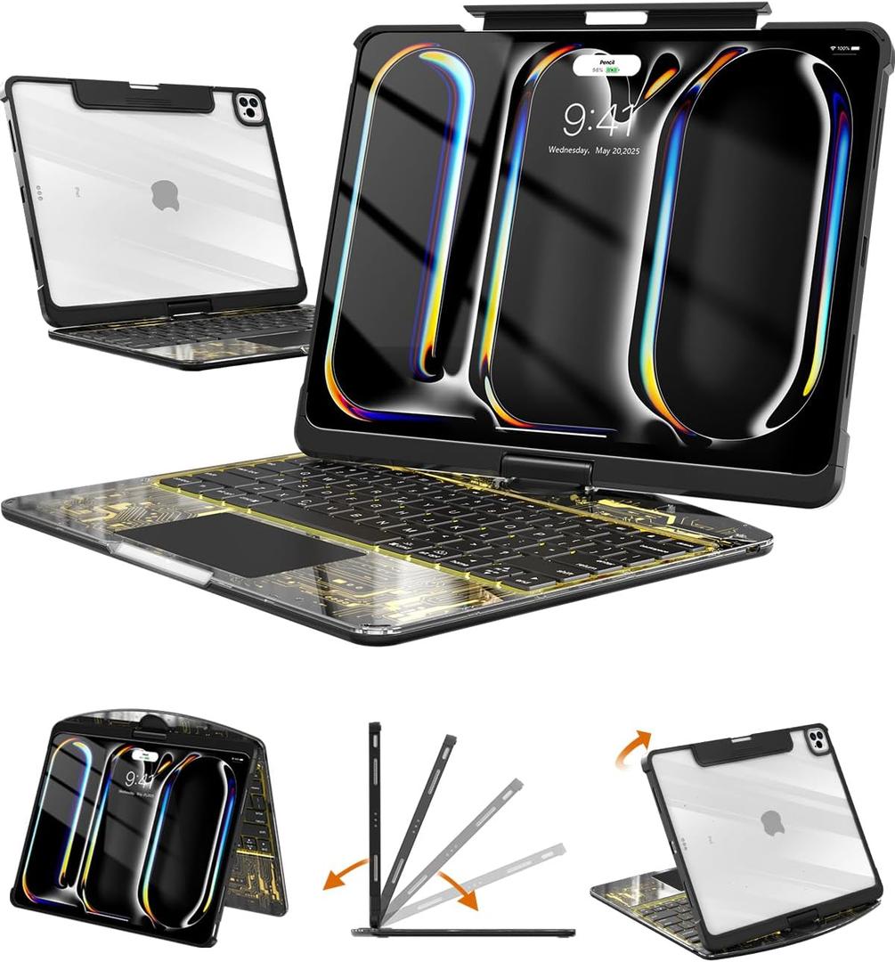 Clear Keyboard Case for iPad Pro 13 inch (M5/M4, 2025/2024), Transparent Protective Cover with 7-Color Backlit Keyboard, 360 Rotating Stand, Multi-Touch Trackpad and Pencil Holder, Black