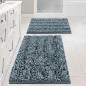 Non Slip Thick Shaggy Chenille Bathroom Rug Mat Set Extra Soft and Absorbent Striped Floor Rugs, 2 Piece, Machine-Washable (Stone Blue)