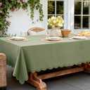 Olive Green Rectangle Tablecloth Linen Textured Waterproof & Stain Resistant Outdoor Table Cloth Spring Decorative Scalloped Cutouts Farmhouse Table Cover for Dining, Parties and Camping, 52 x 70 Inch