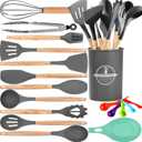 Silicone Cooking Utensils Set, 446F Heat Resistant Kitchen Utensils Set,Spatula Set for Cooking Wooden Handle Silicone Gadgets Kitchen Tools for Nonstick Cookware (Gray)