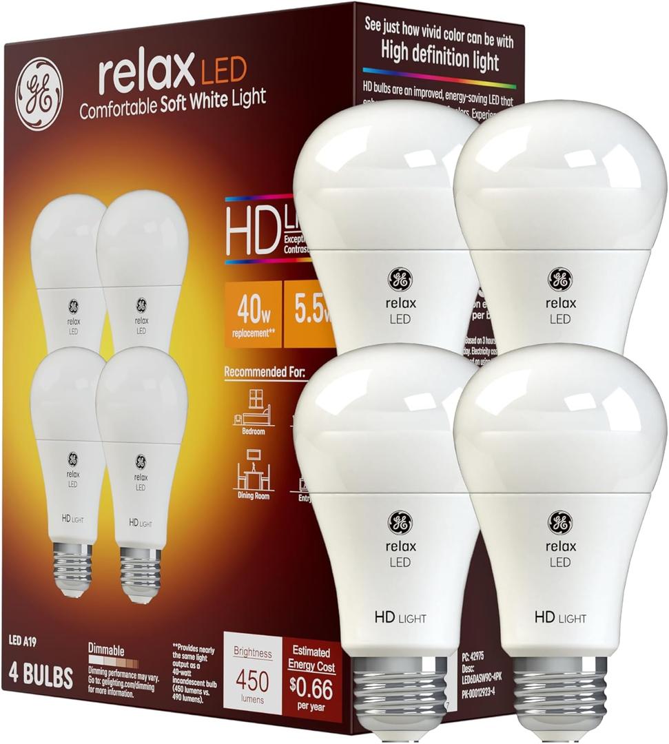 GE Relax LED Light Bulbs, 40 Watt, Soft White, A19 (4 Pack)
