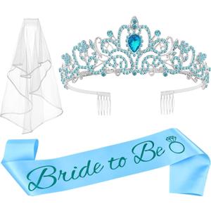 JETKONG 3 Pcs Bachelorette Party Decorations Bridal Shower Crown, Bride to Be Sash&Veil for Women Bachelorette Party Gifts, Bachelorette Party Supplies, Gifts, Favors (Blue)