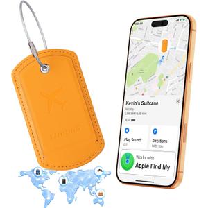 Luggage Tag with Tracker (iOS Only), Premium PU Leather Luggage Tags for Suitcase, Privacy Cover & ID Card Slot, Stainless Loop for Travel Bags, Backpack, Pet Carrier, Ideal Gadgets (Orange)