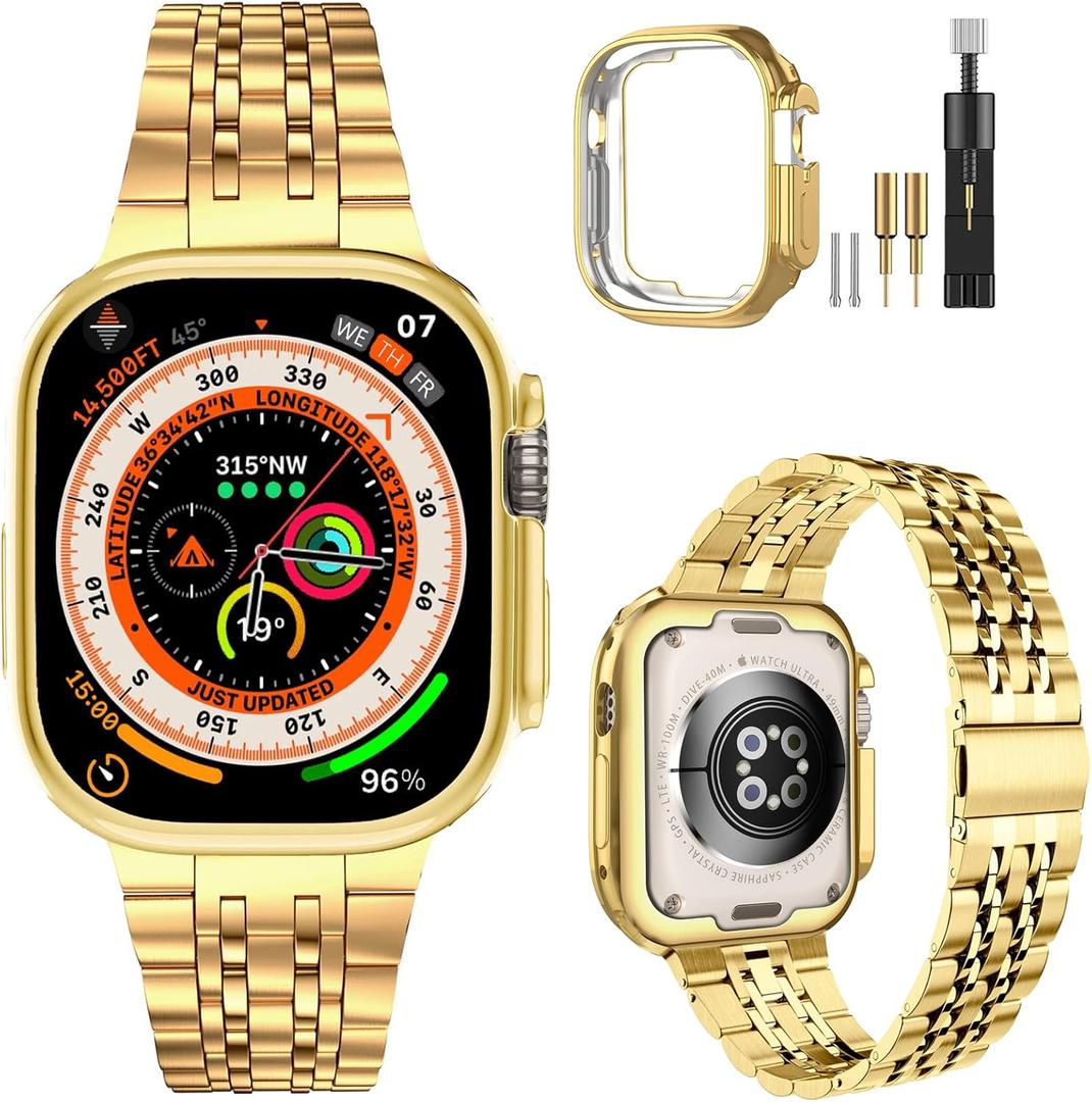 MioHHR Compatible with Apple Watch Band 49mm Ultra 3/2/1, Solid Stainless Steel Metal Strap Band for iWatch 49mm Series Ultra 3/2/1, Gold