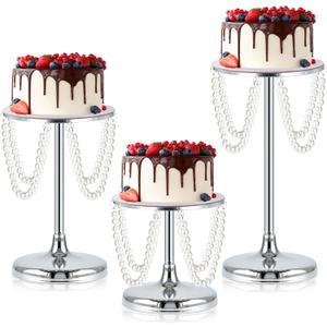 Set of 3 Gold Round Pearl Cake Stand, Dessert Table Metal Cake Display Stand Set with Pearl Pendant Wedding Birthday Cake Base Stand for Wedding Anniversary Birthday Party Celebration (Silver-Set of 3)