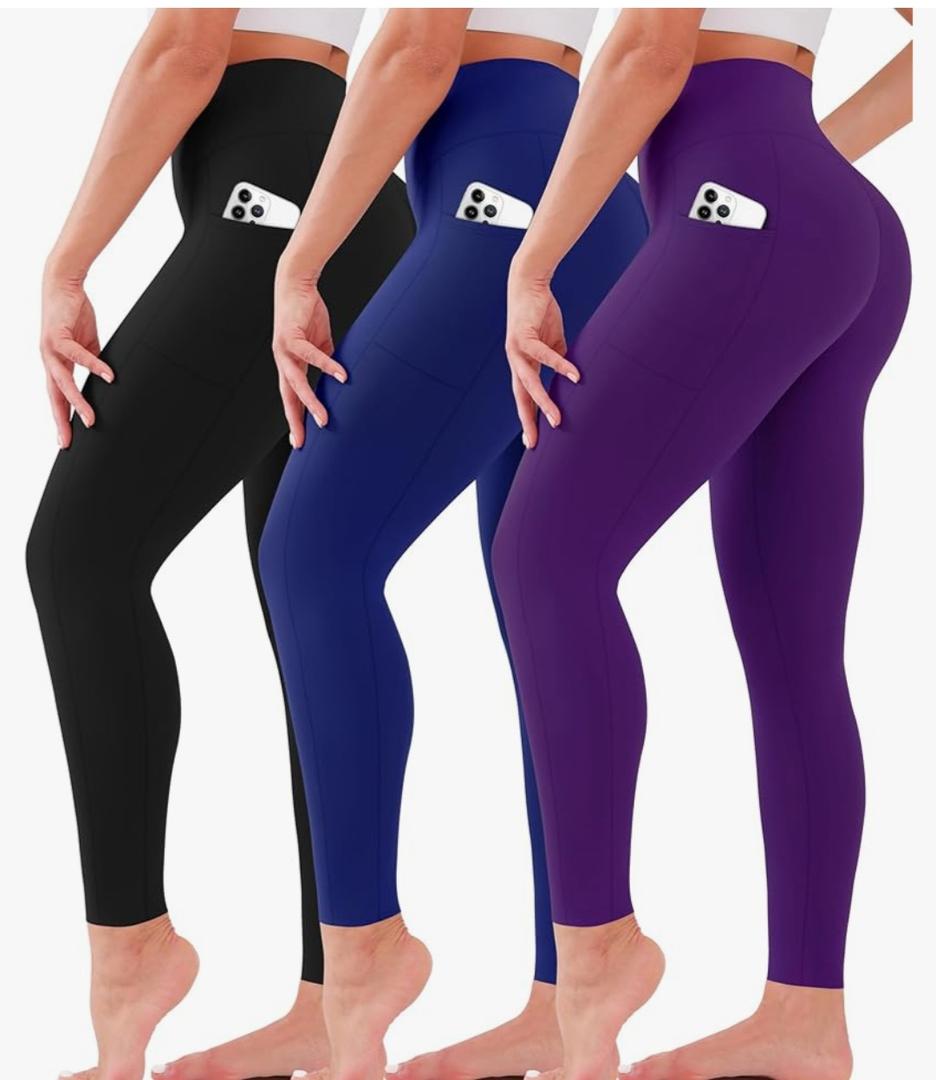 SUNCLOVE 3 Pack Leggings with Pockets for Women High Waisted Tummy Control Soft Yoga Pants Womens Workout Gym Leggings, Size 7
