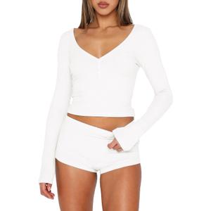 Womens 2 Piece Y2K Pajamas Set Long Sleeve Cropped Top Button Down V Neck Slim Fitted Shorts PJs Outfits Lounge Sets (Small, White)