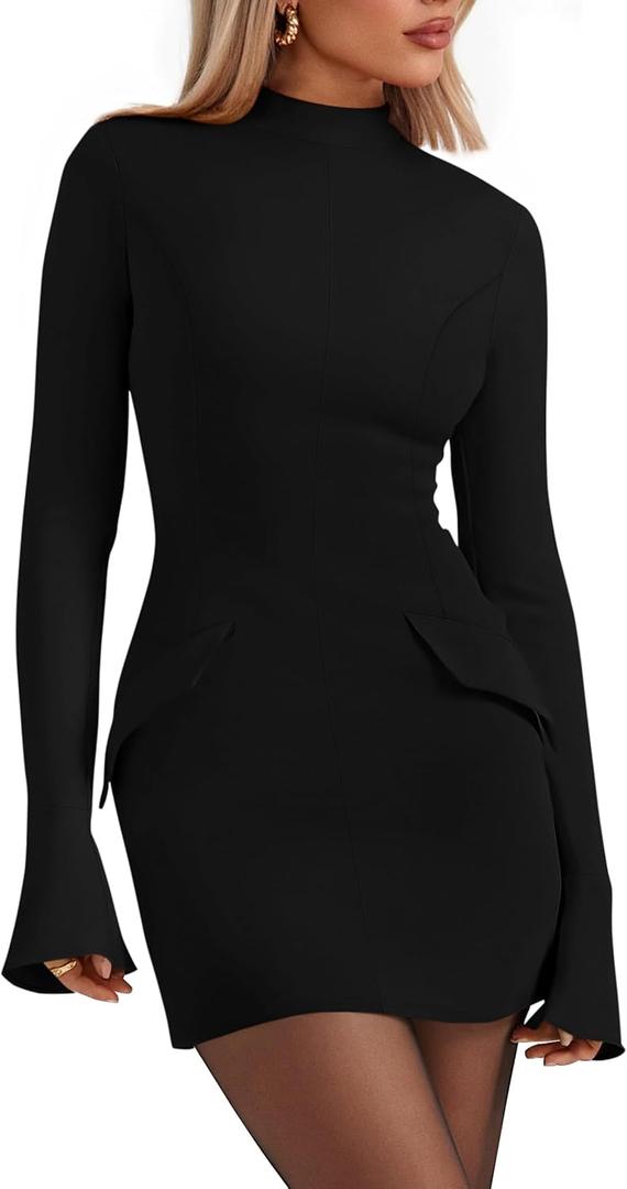 PRETTYGARDEN Womens Short Formal Dresses Fall Long Sleeve Mock Neck Elegant Cocktail Party Club Bodycon Mini Dress (Black, X-Small)