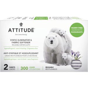 ATTITUDE Static Eliminator and Fabric Softener, Reusable Dryer Cloth, Hypoallergenic and Fragrance-Free, Vegan and Cruelty-Free Household Products, 300 Loads, 2 Sheets