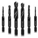 6 Packs Combination Drill & Taps Bit Set, Screw Tapping in SAE Size 6-32nc 8-32nc 10-32nc 10-24nc 12-24nc 1/4-20nc with Anti-Rust Black Coating, 1/4 Hex Shank and Storage Case
