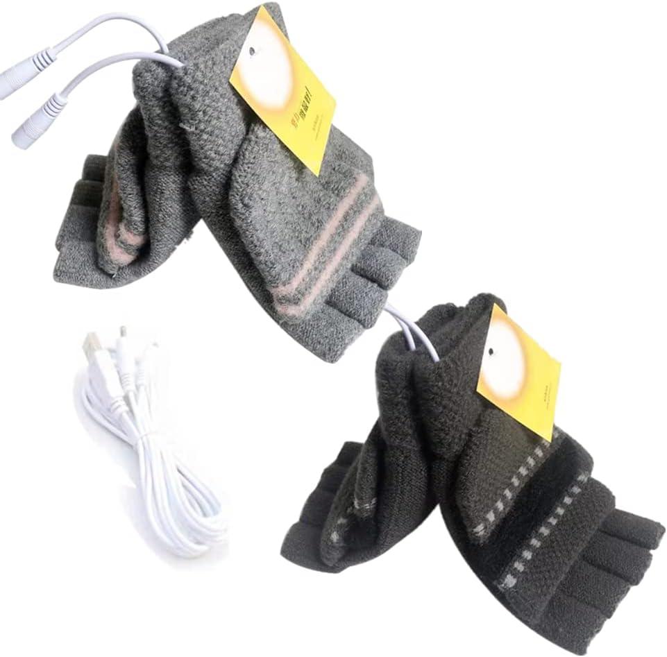 Women's & Men's 2 Pack USB Heated Gloves Mitten Winter Hands Warm Laptop Gloves, Knitting Hands Full & Half Heated Fingerless Heating Warmer Washable Design (Deep Gray+Gray)