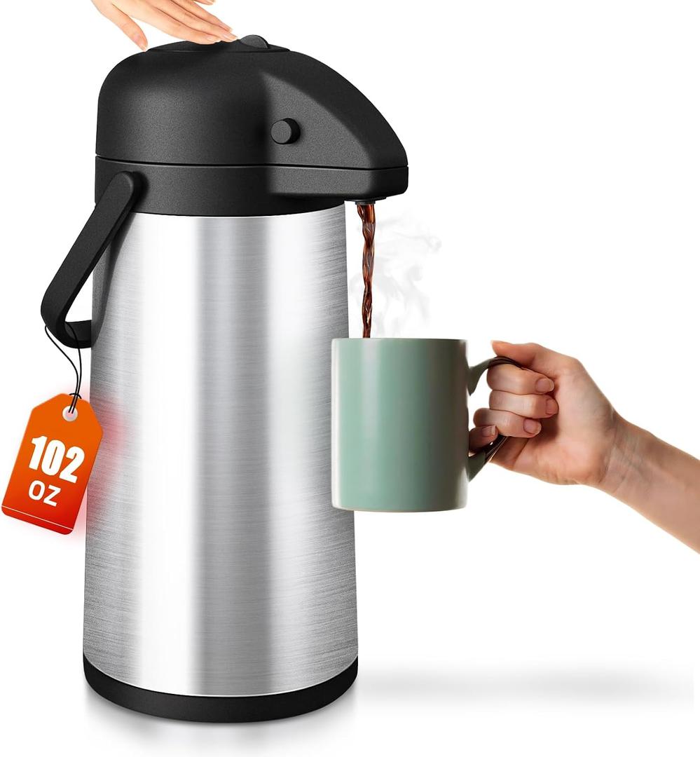 Esemoil Coffee Carafe for Keeping Hot, 102oz/3L Large Capacity Airpot Coffee Dispenser with Pump, Insulated Stainless Steel Thermal for Hot/Cold Water Liquid Tea Chocolate for Hot Cocoa for Parties