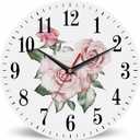 Mxocom Pink Rose Wall Clock Branch of Flowers Leaf and Buds 10 Inch Silent Non Ticking Battery Operated Clock Vintage Round Clock for Living Room Bedroom Bathroom Office Decor