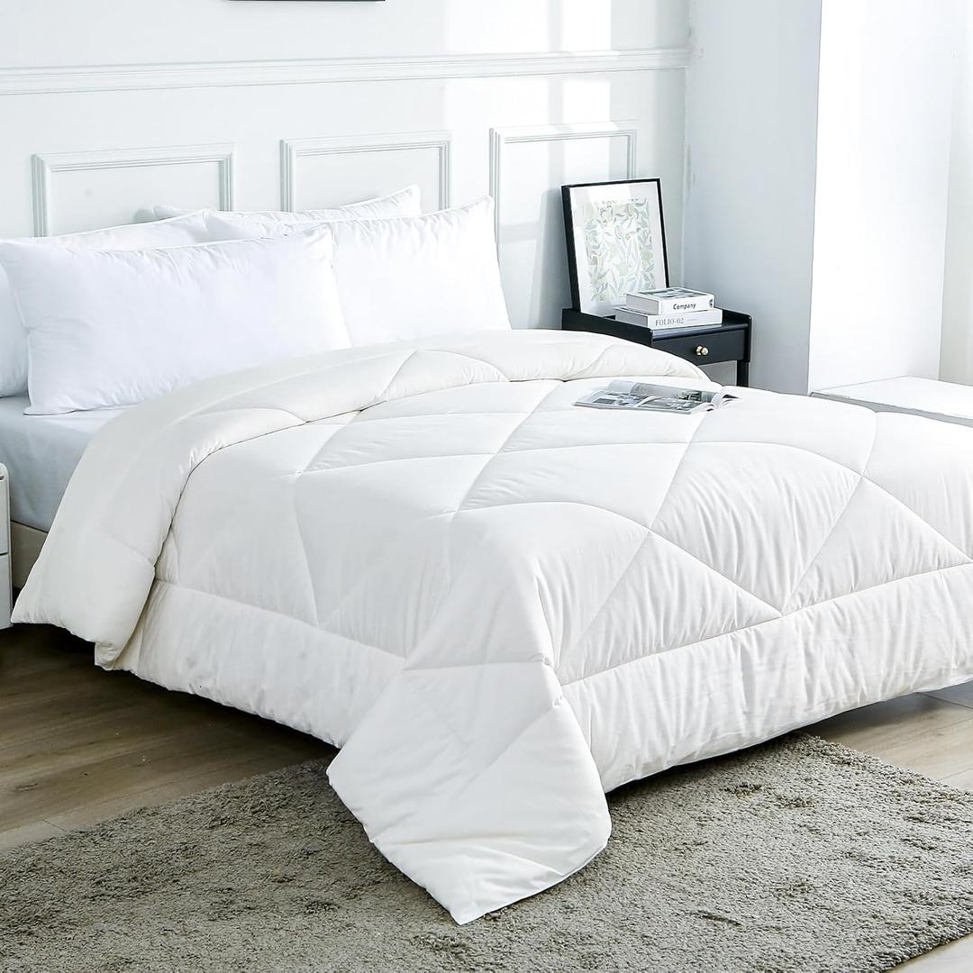 100% Cotton Filled Comforter, Premium Upgraded Cotton Bed Quilt Suitable for All Seasons, Comfortable Soft Noise-Free, Breathable and Fluffy, King, White | 100% Cotton, All Seasons, Breathable Fluffy