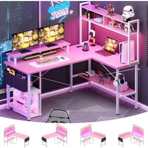 Aheaplus L Shaped Gaming Desk with Power Outlets & LED Lights, Small L- Shaped Desk Computer Corner Desk with Monitor Stand & Storage Shelf, Home Office Desk Writing Desk with Storage Bag, Pink