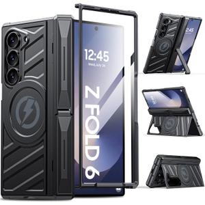 Magnetic for Galaxy Z-Fold-6 Case: Heavy Duty Armor Phone Case [Compatible with MagSafe][Hinge Protection][Dual Kickstand] Shockproof TPU+PC Cover for zfold 6 5G 2024 Black