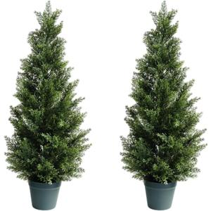 3FT Artificial Cedar Topiary Tree for Outdoor & Indoor Use UV Rated Faux Cedar Tree in Planter, Fake Plants for Outdoor Planters & Indoor Decor, Ultra Realistic Artificial Shrubs (2 Pack)