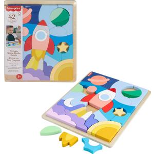 Fisher-Price Wood Preschool Toy Space Blocks Jigsaw Puzzle, 42 Wooden Pieces for Stacking & Sorting Play Kids Ages 3+ Years