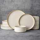 Famiware Star 12-Piece Stoneware Dinnerware Sets with Trim, Service for 4, Ceramic Plates and Bowls Set, Modern Rustic Dishes, Everyday/Formal, Chip/Scratch Resistant, Microwave/Dishwasher Safe, Cream