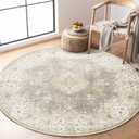 MUJOO Beige Round Rug 4ft,Circle Washable Area Rugs for Bedroom Living Room Bathroom,Vintage Bohemian Distressed Farmhouse Non Slip Circular Carpet,Floral