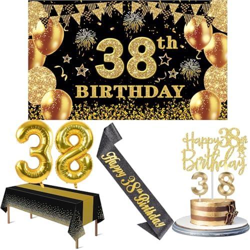38th Birthday Decorations Men Women with 38th Birthday Banner, Black and Gold Table Cloth, Number Balloons, Large Sash, Cake Topper and Candles