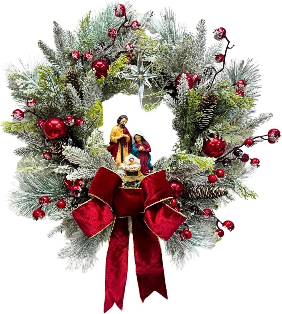 22 Inch Pre-Lit Artificial Christmas Wreath with Jesus Figurine Nativity Scene Glitter Ball Ornaments Snow Flocked Cedar Branches Pine Needles Berries and Timer for Christmas Decor Front Door Mantel