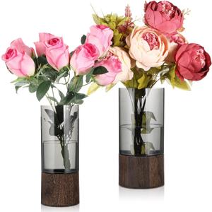 2 Pack Artistic Wood Acrylic Vase 10 '' H Wooden Base Cylindrical Flower Vase Acrylic Cylinder Vases for Wedding Centerpieces Table Fireplace Shelf Decor