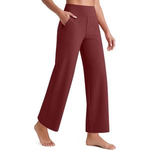G4Free EverGoing Wide Leg Ankle Pants for Women 7/8 Length Yoga Dress Pants High Waist Stretch with Pockets Casual Work (Large, Wine)