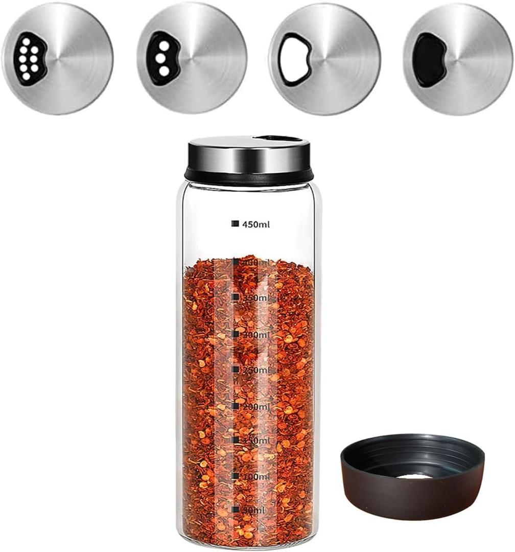 15 oz Large Salt Pepper Shakers with Adjustable Outlet Holes Clear Glass Shaker Bottles Spice Seasoning Cans for Kitchen Decor and Home Restaurant BBQ Camping Farmhouse Kitchen Accessories (450 ml) (450ML(2.56*8 IN))