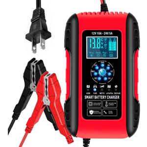 E-FAST Battery Charger, 10A Lifepo4 Lead Acid Car Battery Charger, Upgraded Automobile Trickle Charger 12/24V, All in 1 Battery Maintainer, for Truck Motorcycle AGM Lawn Mower Boat Marine Batteries