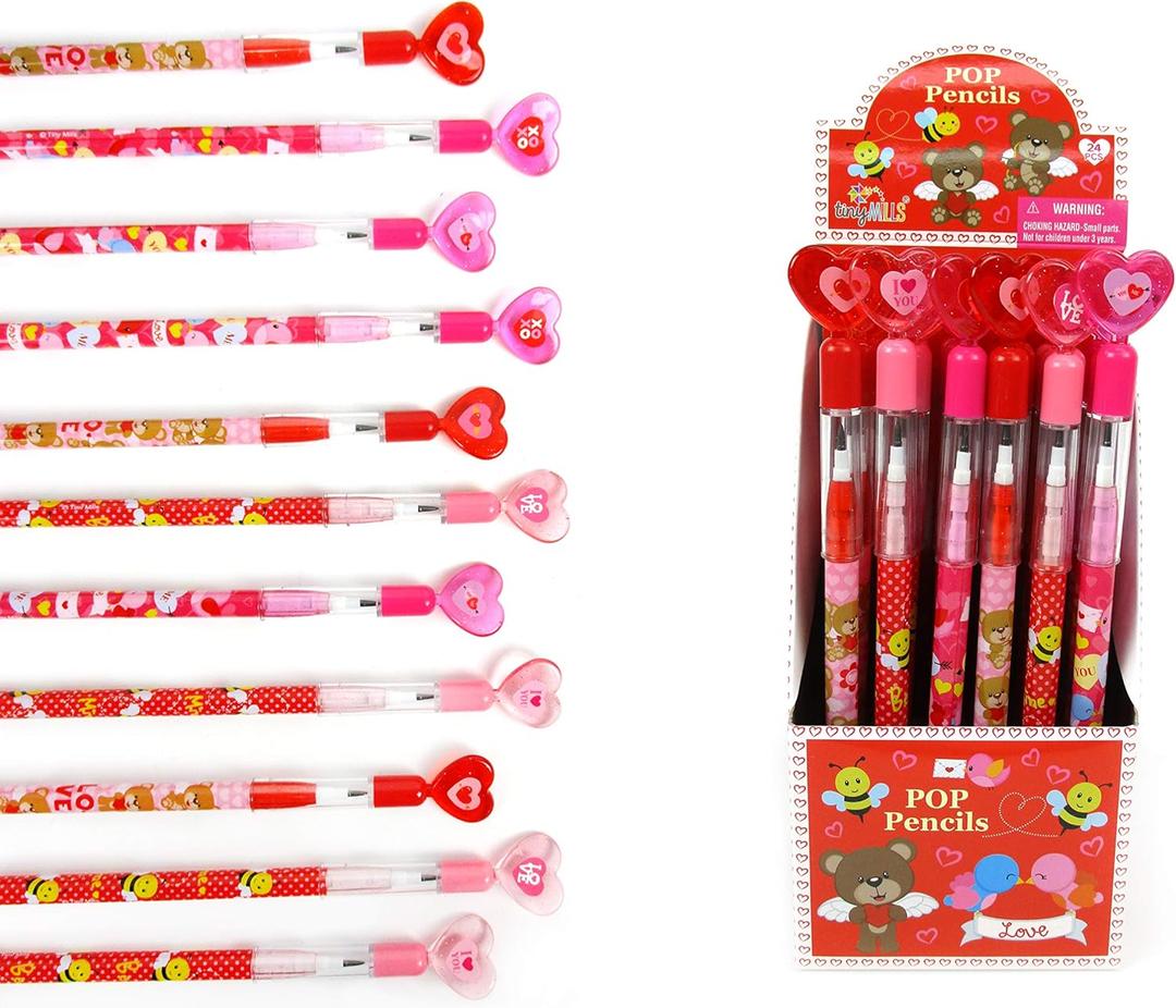 TINYMILLS Valentines Day Heart Multi-Point Pencils 24 Pack  Cute Stackable Valentine Pencils for Classroom Exchange, Party Favors, Goody Bag Stuffers & Valentine Party Supplies