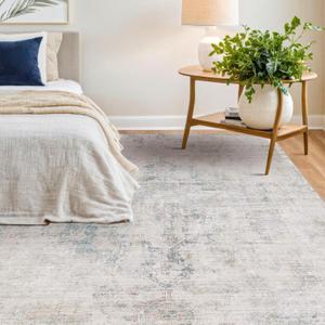 Washable 8x10 Bedroom Rug - Blue Grey Modern Area Rug for Living Room, Dining Room Table, Non Slip Soft Faded Print Carpet, Stain Resistant