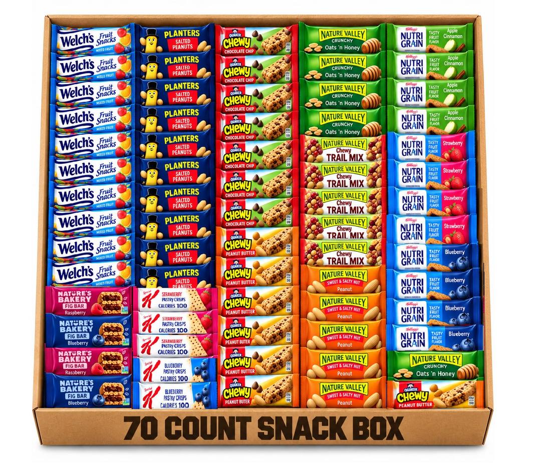 Healthy Mixed Snack Box (70 Count) Snacks Gift Basket Granola Bars Bulk Variety Grab and Go Men Women Adults Office Work Travel Employee Appreciation School College