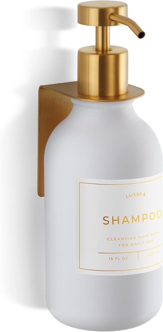 Shower Shampoo Dispenser Wall Mounted Refillable 16.9 oz White Bottle with Stainless Steel Pump & No-Drill Adhesive Holder Soap Dispenser for Bathroom (1 X White/Gold)