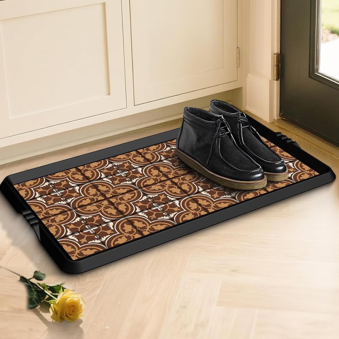 BEHERO Boot Tray Shoe Mat Decorative Patterned, Rubber Boot Matt Tray Indoor and Outdoor Use, 16" x27.5" Shoe Cleaning Mat Non-Slip, Shoe Storage Waterproof with Artistic Prints for Entryway (Brown)