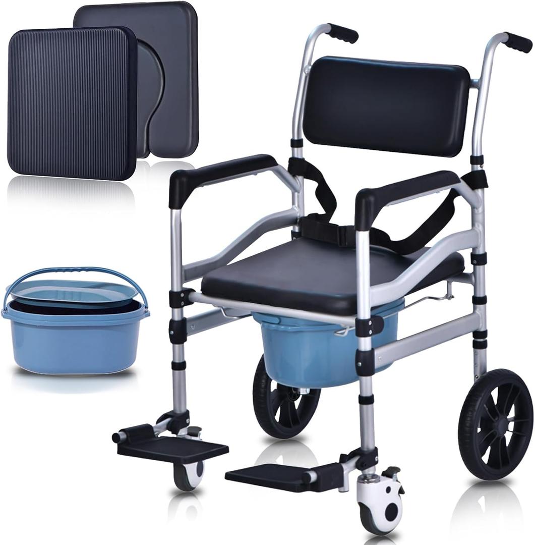 Shower Chair with Wheels 4 in 1 Folding Padded Bedside Commode Wheelchair Height Adjustable Detachable Bucket with Wheels Lifting Armrests Flip-up Footrest for Elderly Disabled (Black + Seat Board)