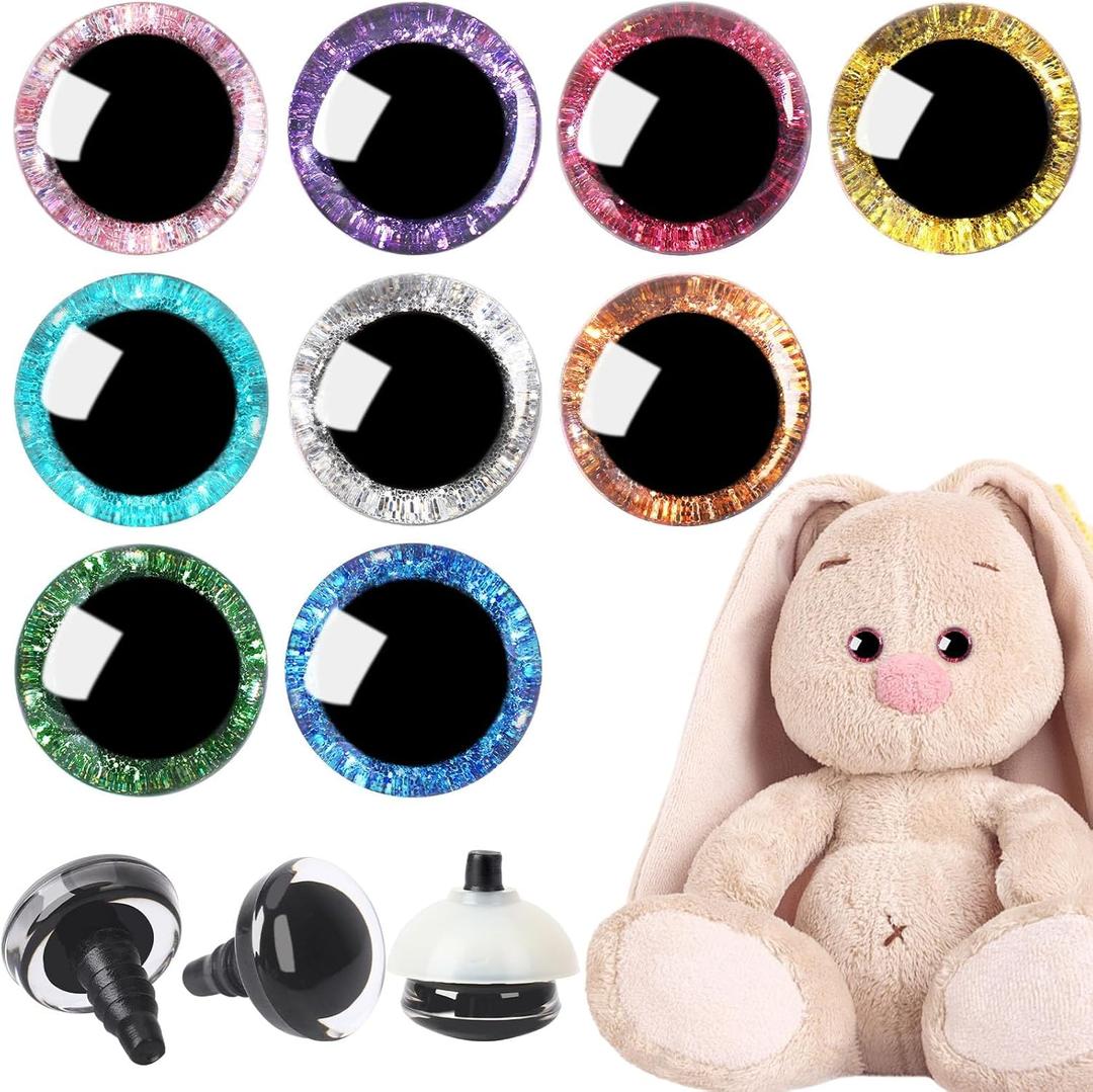 UPINS 180 Pieces 22mm 3D Glitter Plastic Safety Eyes with Washers for Amigurumi Stuffed Animal Eyes Round Plastic Craft Doll Crochet Eyes for DIY of Puppet, Bear, Toy Making Supplies (9 Colors)