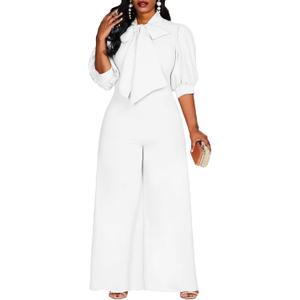 VERWIN Plus Size Jumpsuit for Women Bowknot Full Length Plain Dressy Short Sleeve Romper Wide Leg Overall (3X-Large Plus, White)