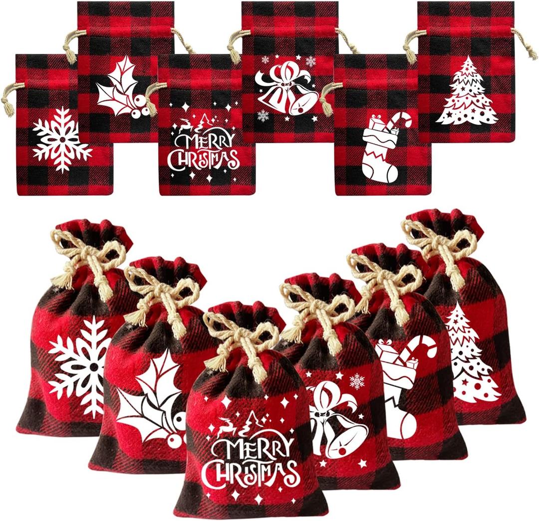 FOIMAS 36pcs Christmas Buffalo Plaid Drawstring Gift Bags Xmas Snowflake Gift Treat Bag Candy Sack for Christmas Gift Wrapping Party Favor Supply (Red 2)